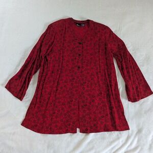 VTG Lizsport Red & Black Floral Button Up Long Sleeve Tunic Blouse Women M 90's